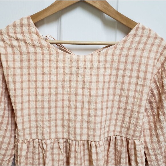 Petal & Pup Dress Womens Size 2 Peach Plaid Lace Up Puff Sleeve Cottage Prairie - Picture 3 of 11